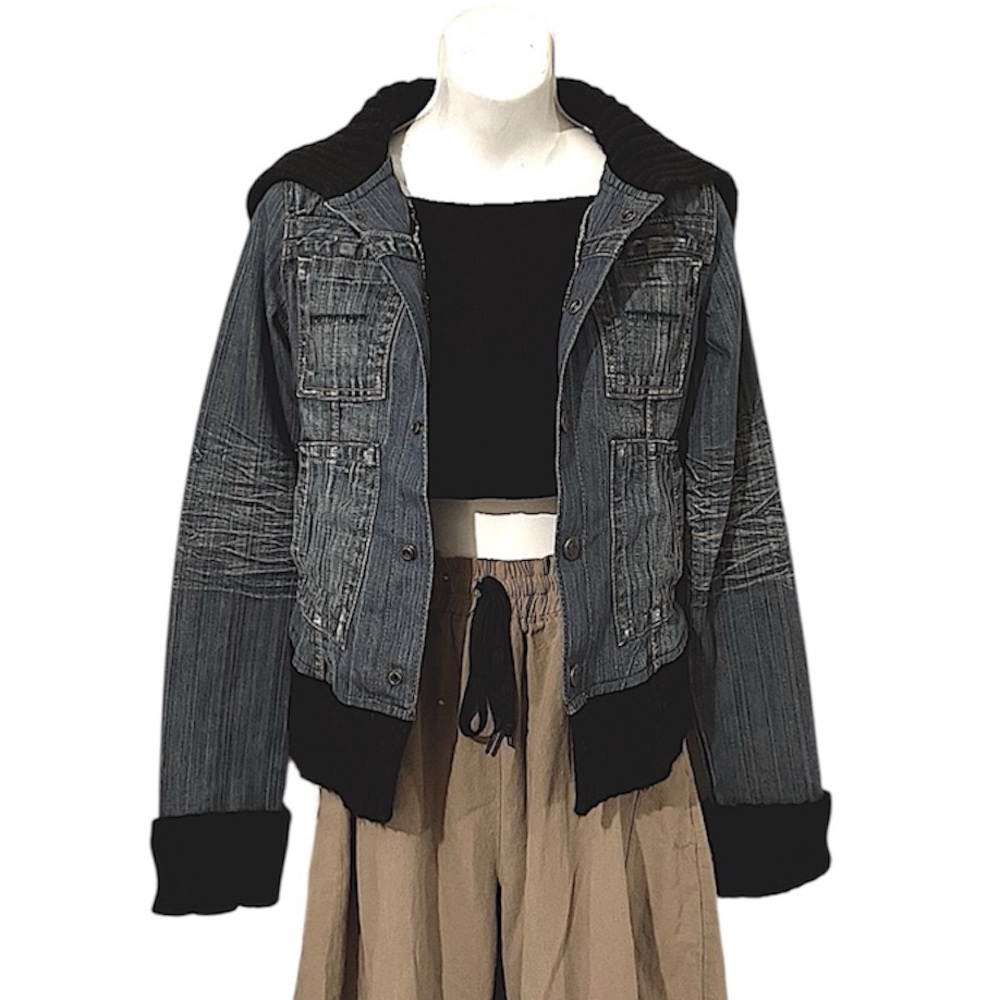 Yanuk Distressed Dark  Denim Funnel Neck Bomber Jacket Knit Collar Cuffs Hem S